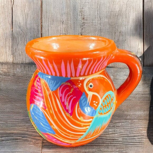 Mexico Tonala Pottery RedWare Coffee Mug Cup Jarrito Hand Painted Birds Vintage - Picture 1 of 13
